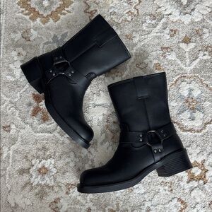 Black Leather Moto Boots with Buckle Detail